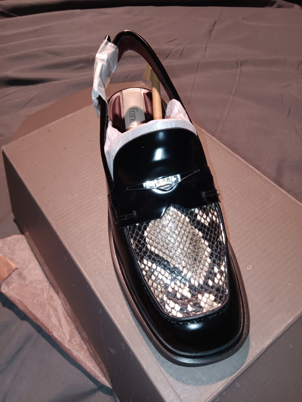 FrancoSarto Giada Patent Leather Men’s Loafer with Snake Print- Black